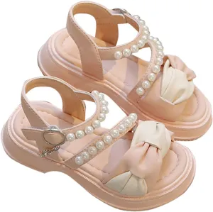 Flower Girls Sandals for Wedding Kids Dress Shoes Summer Open Toe Cute Color Block Princess Sandals with Pearl Straps