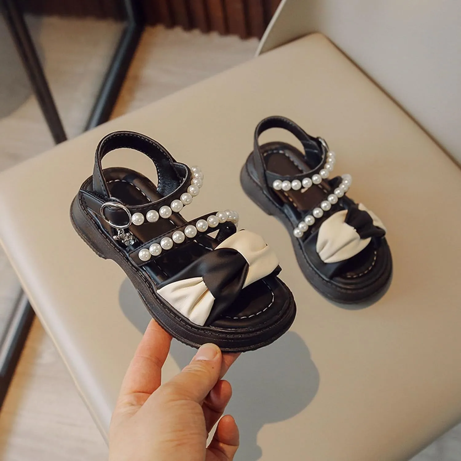 Flower Girls Sandals for Wedding Kids Dress Shoes Summer Open Toe Cute Color Block Princess Sandals with Pearl Straps