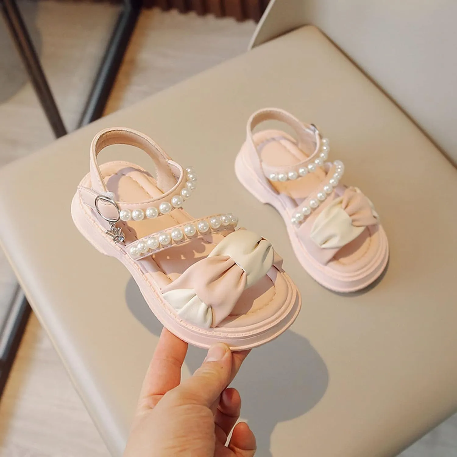 Flower Girls Sandals for Wedding Kids Dress Shoes Summer Open Toe Cute Color Block Princess Sandals with Pearl Straps