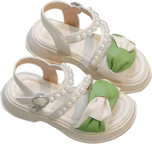 Flower Girls Sandals for Wedding Kids Dress Shoes Summer Open Toe Cute Color Block Princess Sandals with Pearl Straps