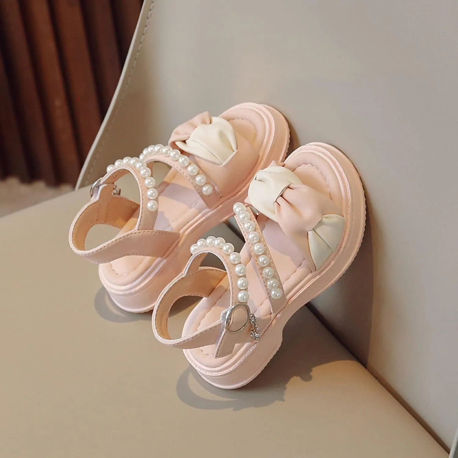 Flower Girls Sandals for Wedding Kids Dress Shoes Summer Open Toe Cute Color Block Princess Sandals with Pearl Straps