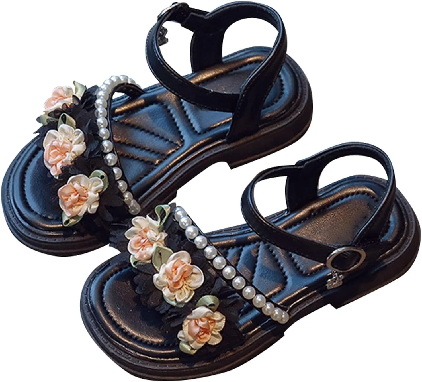 Flower Girls Sandals Toddler Kids Wedding Dress Shoes Summer Open Toe Floral Pearl Princess Sandals with Ankle Strap