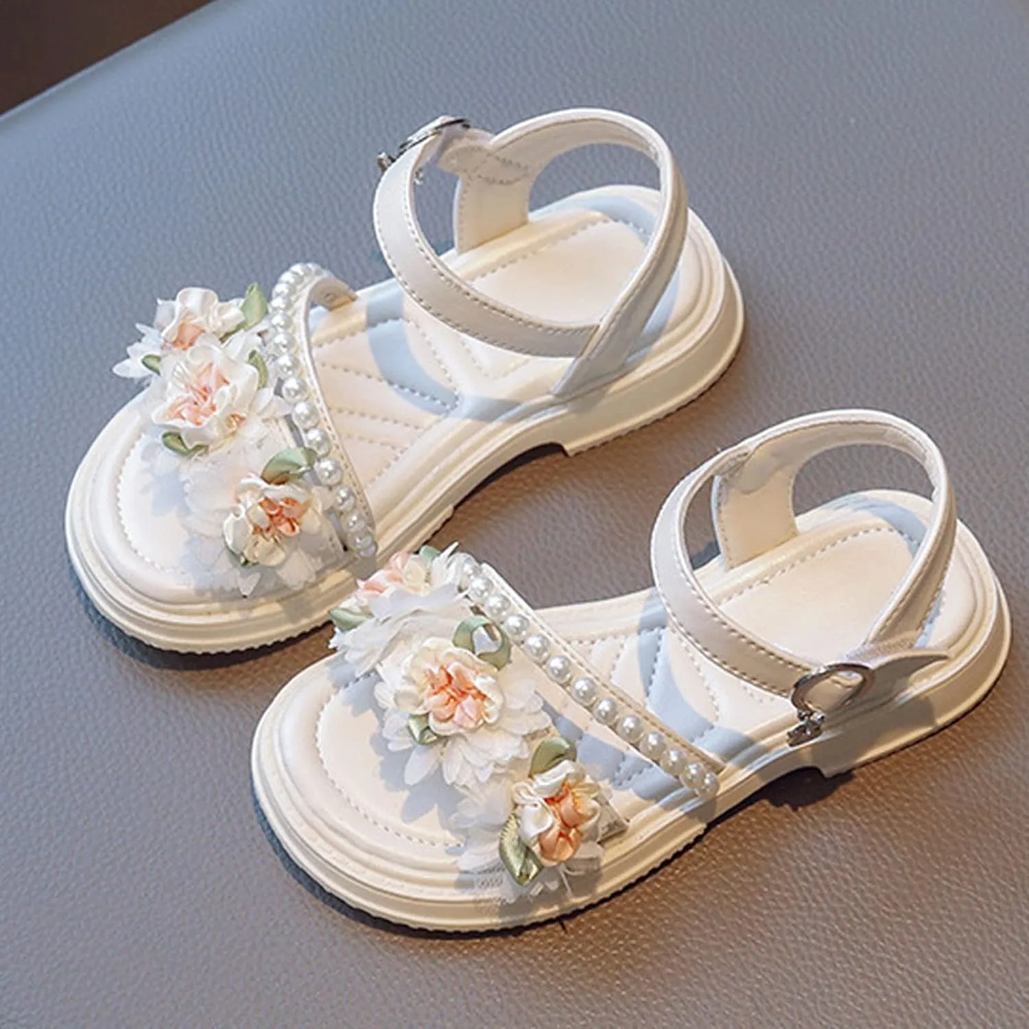 Flower Girls Sandals Toddler Kids Wedding Dress Shoes Summer Open Toe Floral Pearl Princess Sandals with Ankle Strap