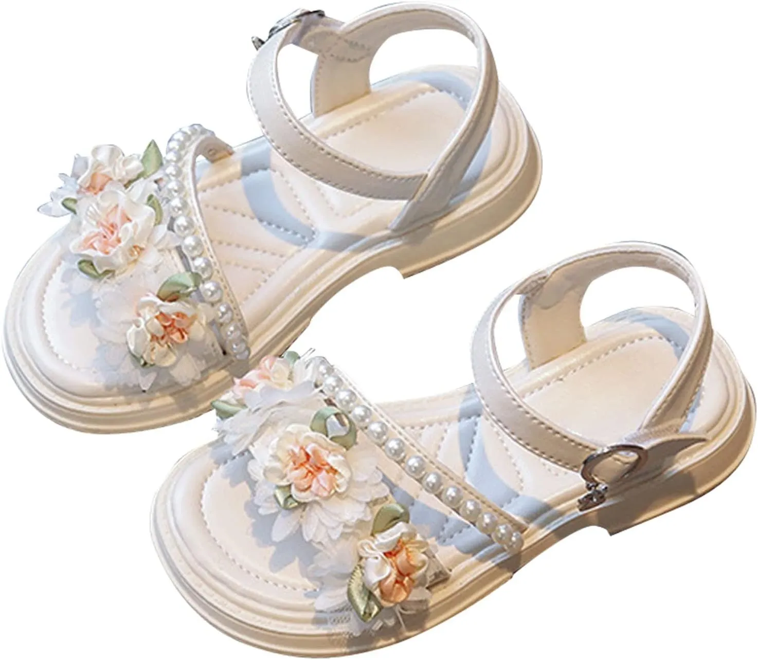 Flower Girls Sandals Toddler Kids Wedding Dress Shoes Summer Open Toe Floral Pearl Princess Sandals with Ankle Strap