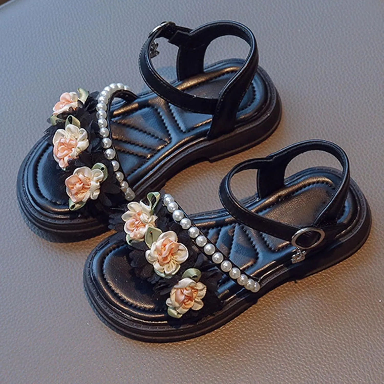Flower Girls Sandals Toddler Kids Wedding Dress Shoes Summer Open Toe Floral Pearl Princess Sandals with Ankle Strap