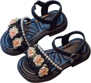 Flower Girls Sandals Toddler Kids Wedding Dress Shoes Summer Open Toe Floral Pearl Princess Sandals with Ankle Strap