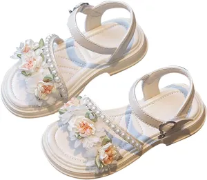 Flower Girls Sandals Toddler Kids Wedding Dress Shoes Summer Open Toe Floral Pearl Princess Sandals with Ankle Strap