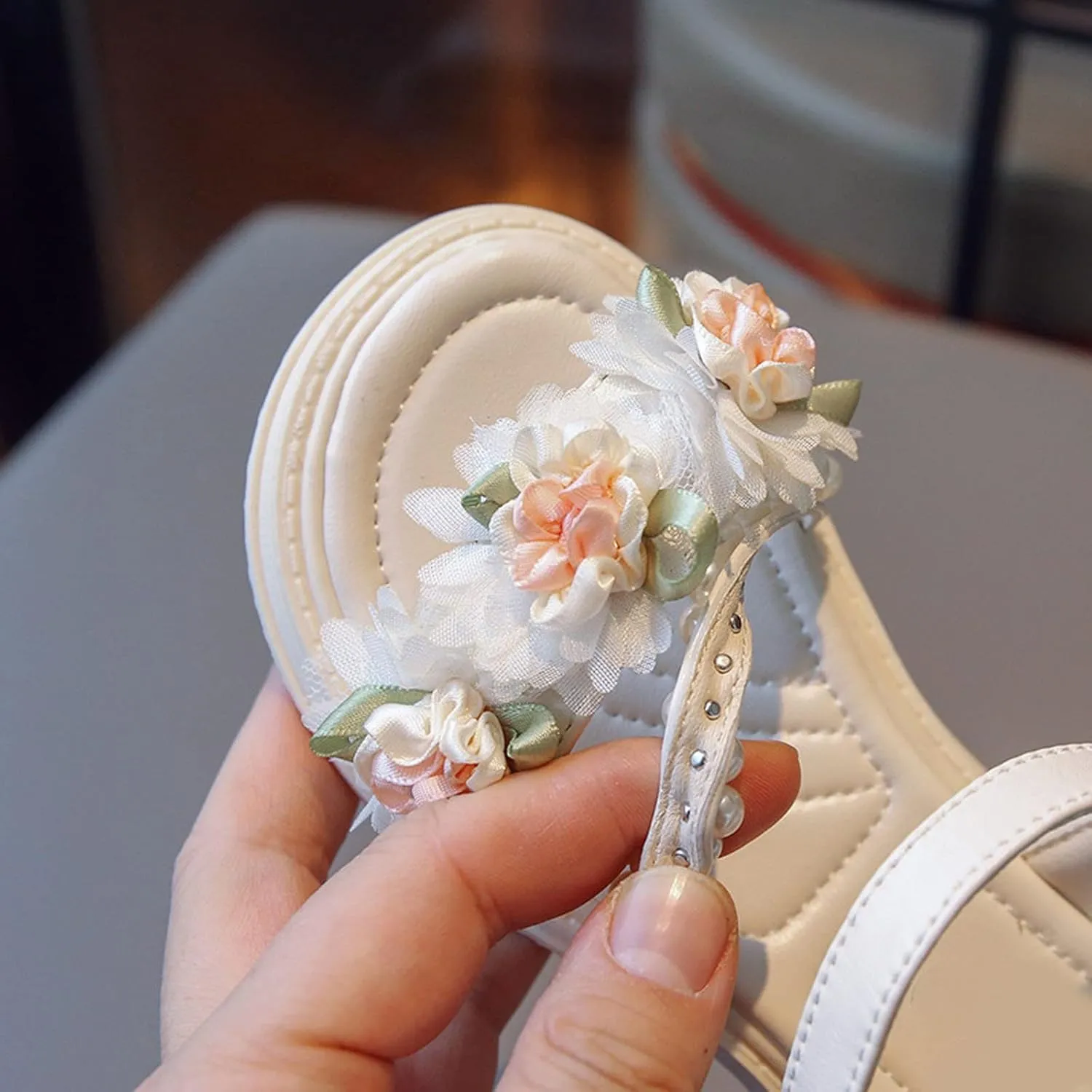 Flower Girls Sandals Toddler Kids Wedding Dress Shoes Summer Open Toe Floral Pearl Princess Sandals with Ankle Strap