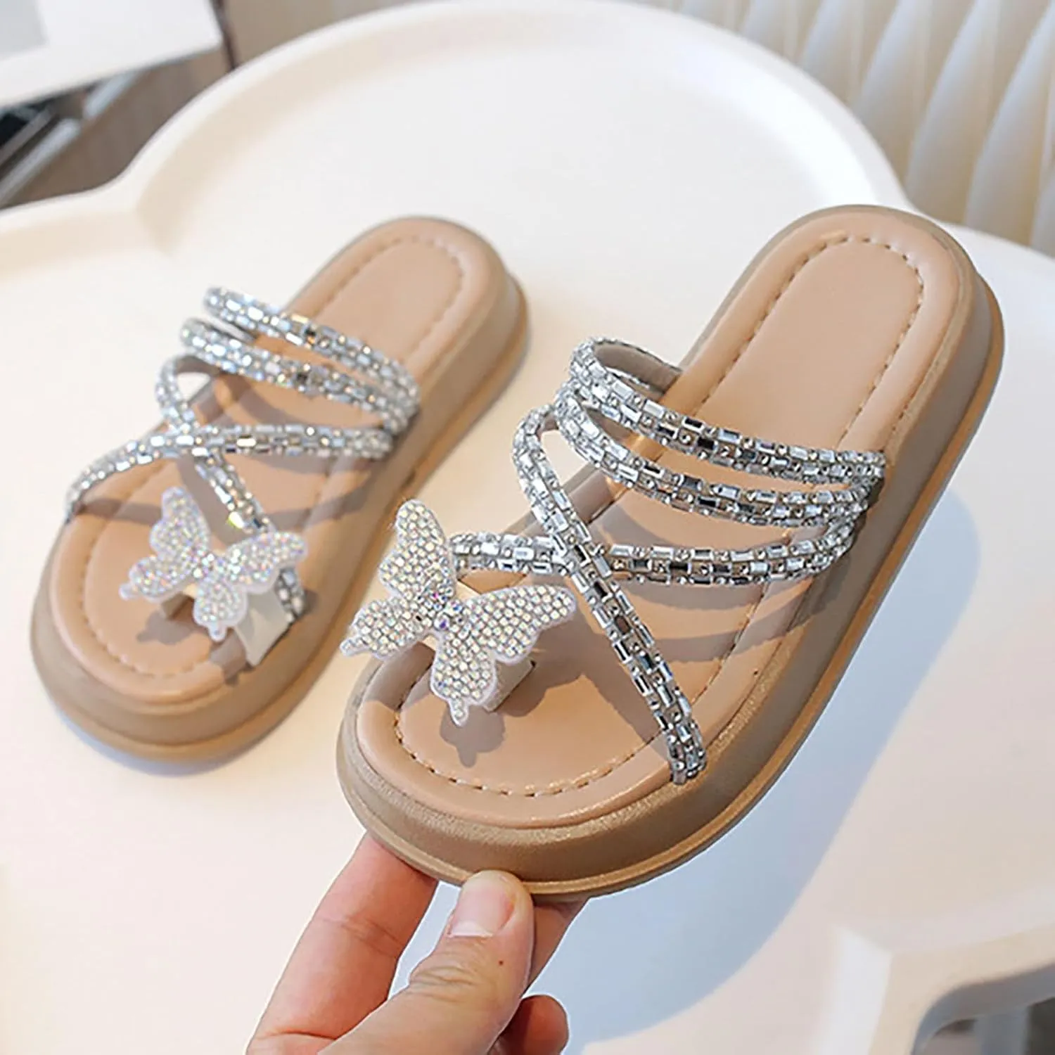 Girls Butterfly Sandals Glitter Sequin Rhinestone Flat Open Toe Outdoor Slipper Kids Soft Summer Beach Casual Sliders