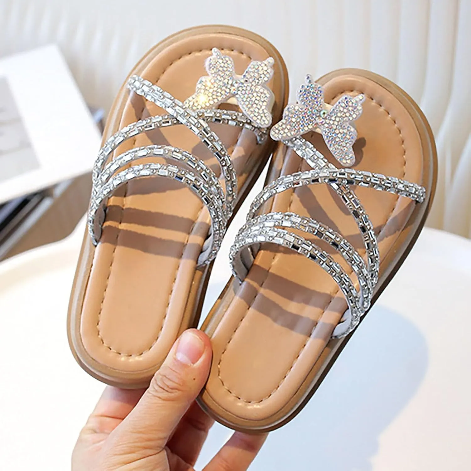 Girls Butterfly Sandals Glitter Sequin Rhinestone Flat Open Toe Outdoor Slipper Kids Soft Summer Beach Casual Sliders