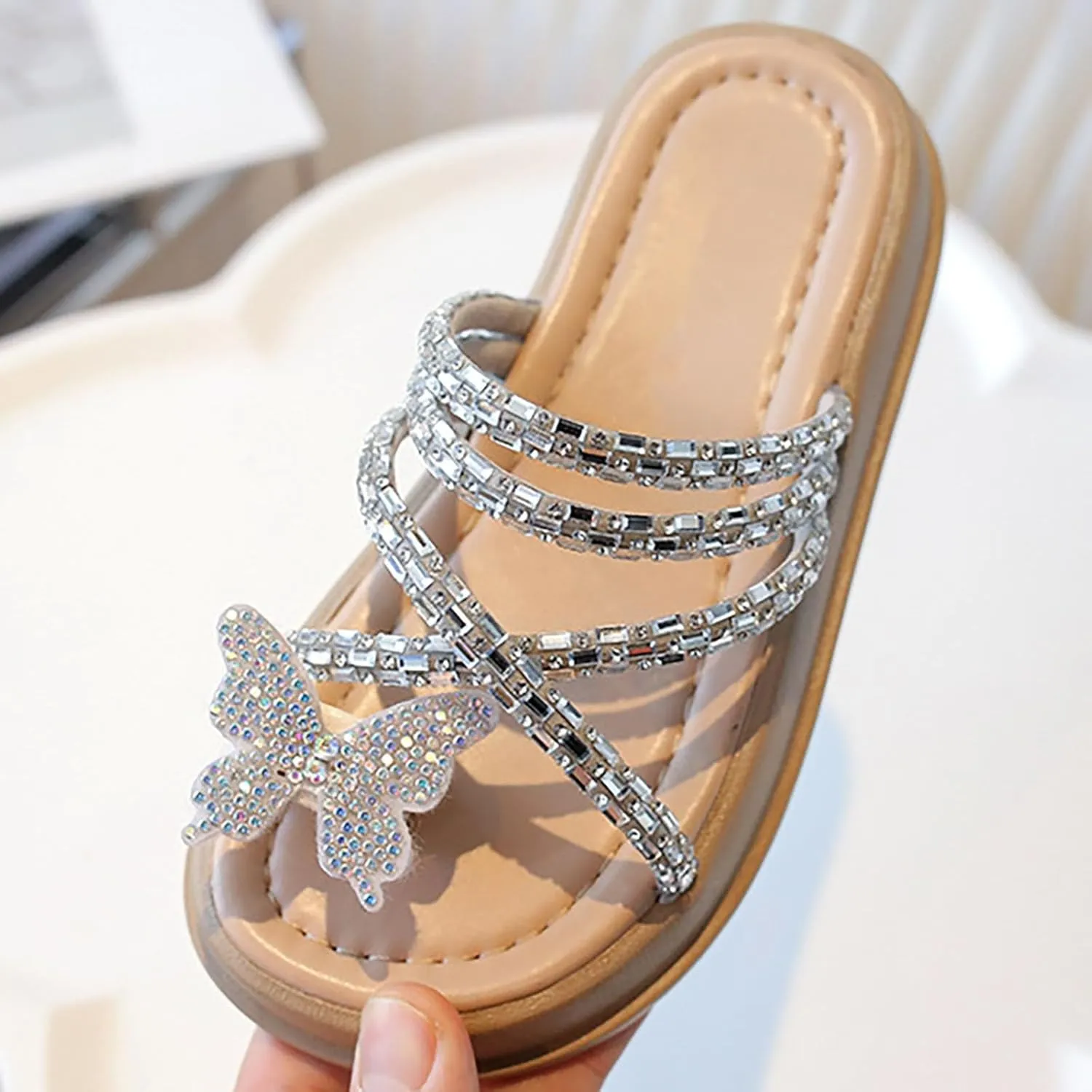 Girls Butterfly Sandals Glitter Sequin Rhinestone Flat Open Toe Outdoor Slipper Kids Soft Summer Beach Casual Sliders