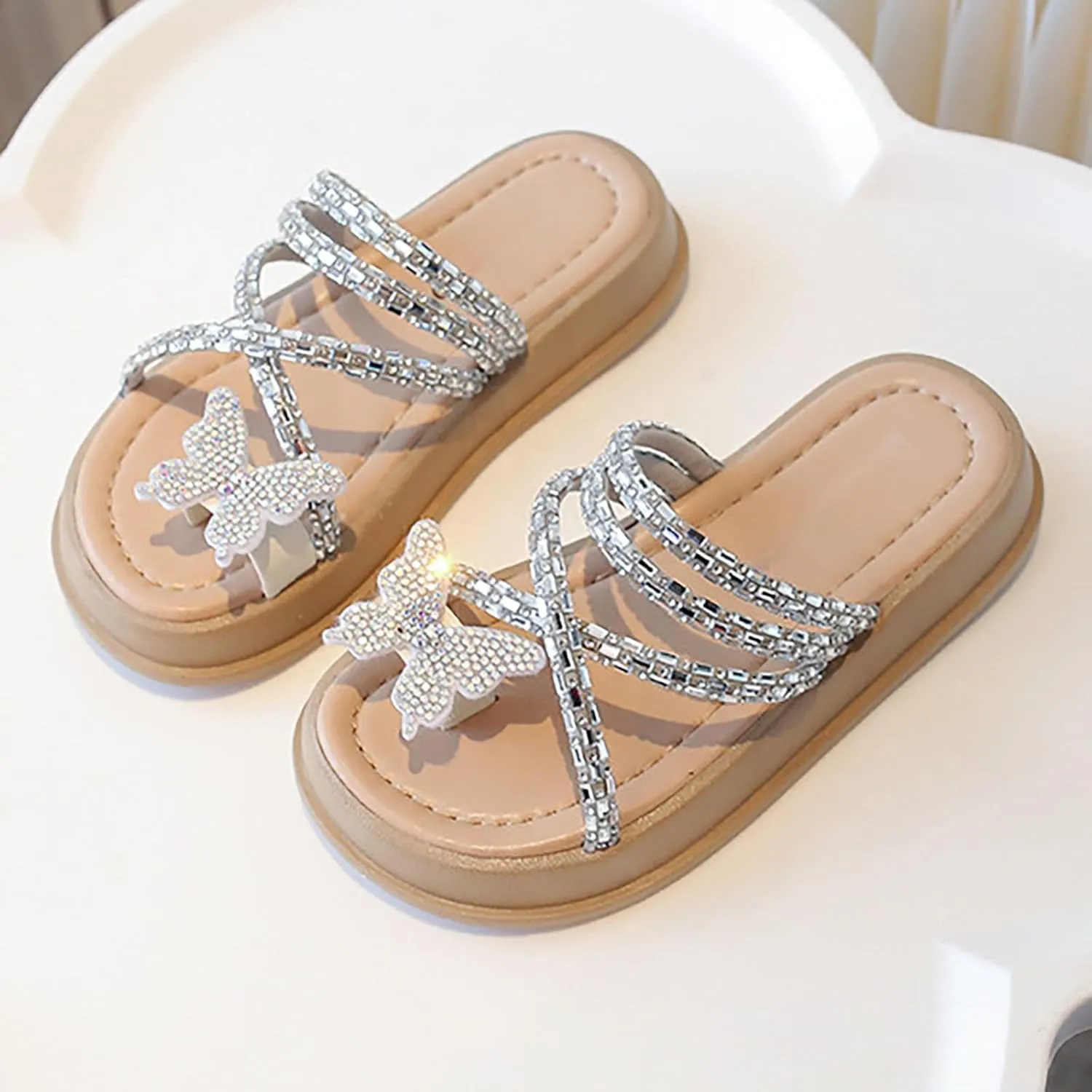 Girls Butterfly Sandals Glitter Sequin Rhinestone Flat Open Toe Outdoor Slipper Kids Soft Summer Beach Casual Sliders