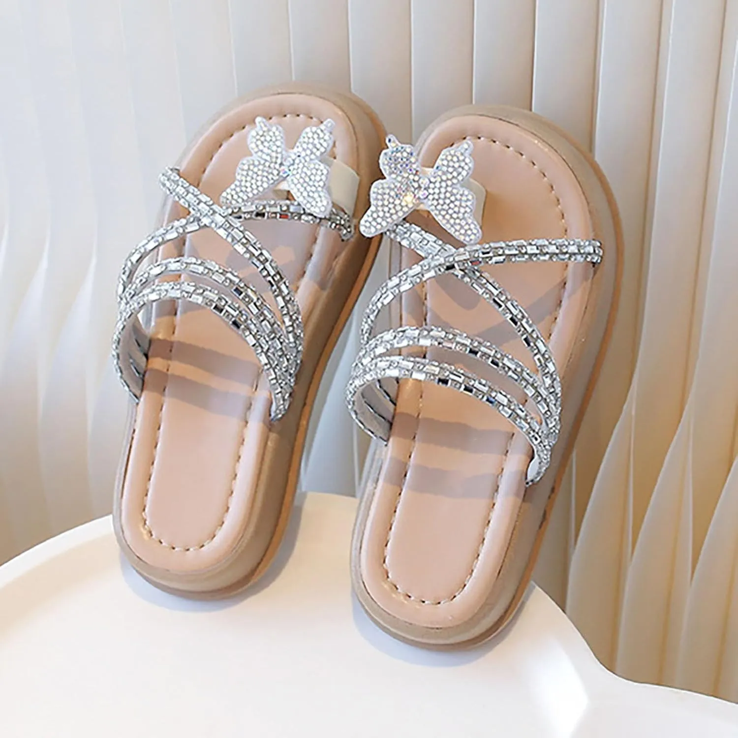 Girls Butterfly Sandals Glitter Sequin Rhinestone Flat Open Toe Outdoor Slipper Kids Soft Summer Beach Casual Sliders