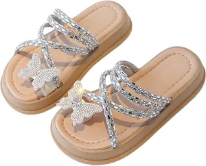 Girls Butterfly Sandals Glitter Sequin Rhinestone Flat Open Toe Outdoor Slipper Kids Soft Summer Beach Casual Sliders