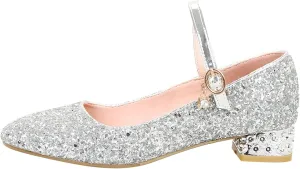 Girls Closed Toe Adjustable Buckle Sandals Shiny High Heel Shoes Dance Party Princess Dress Shoes (Silver, 3 Big Kids)