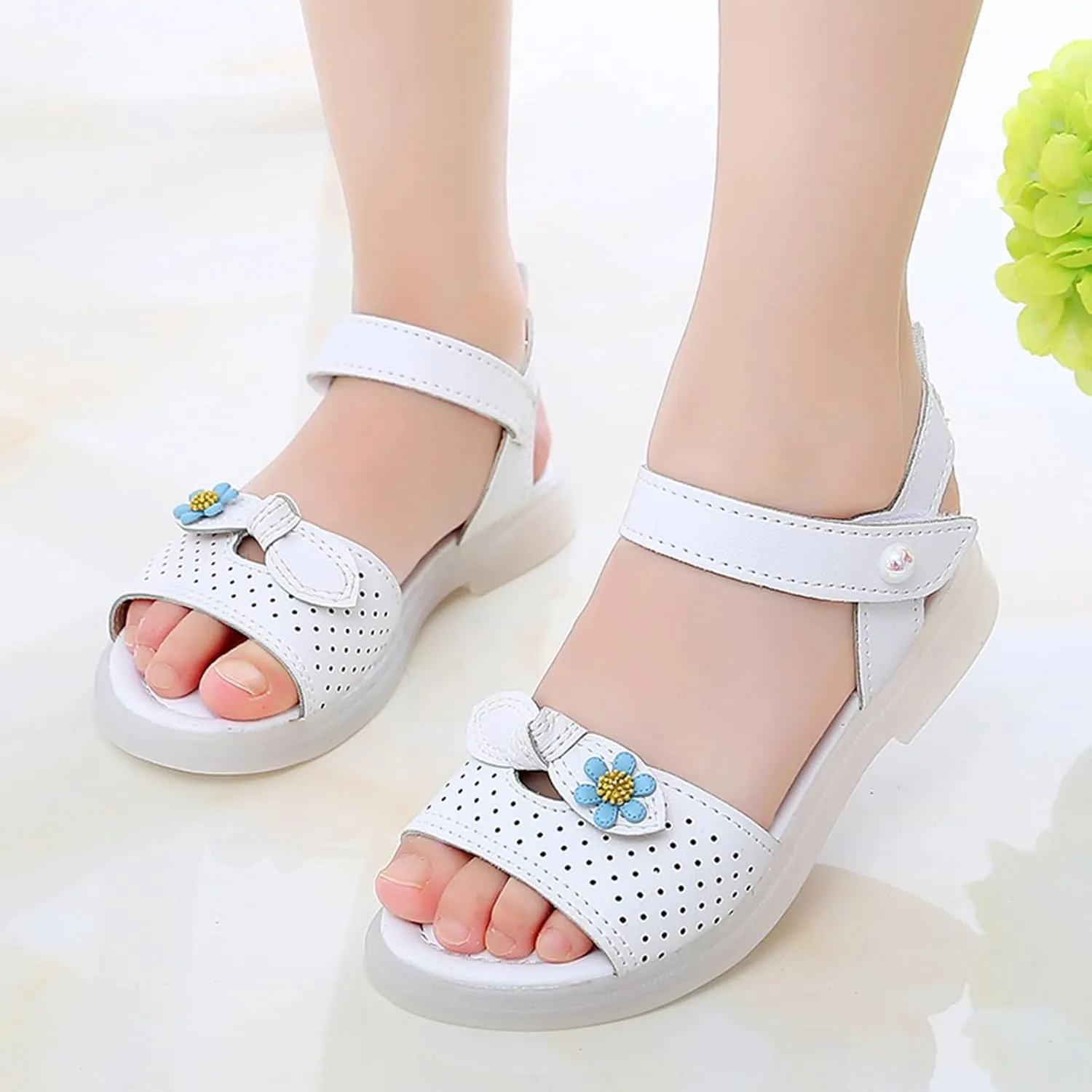 Girls Dress Sandals Kids Cute Floral Open Toe School Summer Casual Pearl Ankle Strap Princess Flat Sandal Shoes