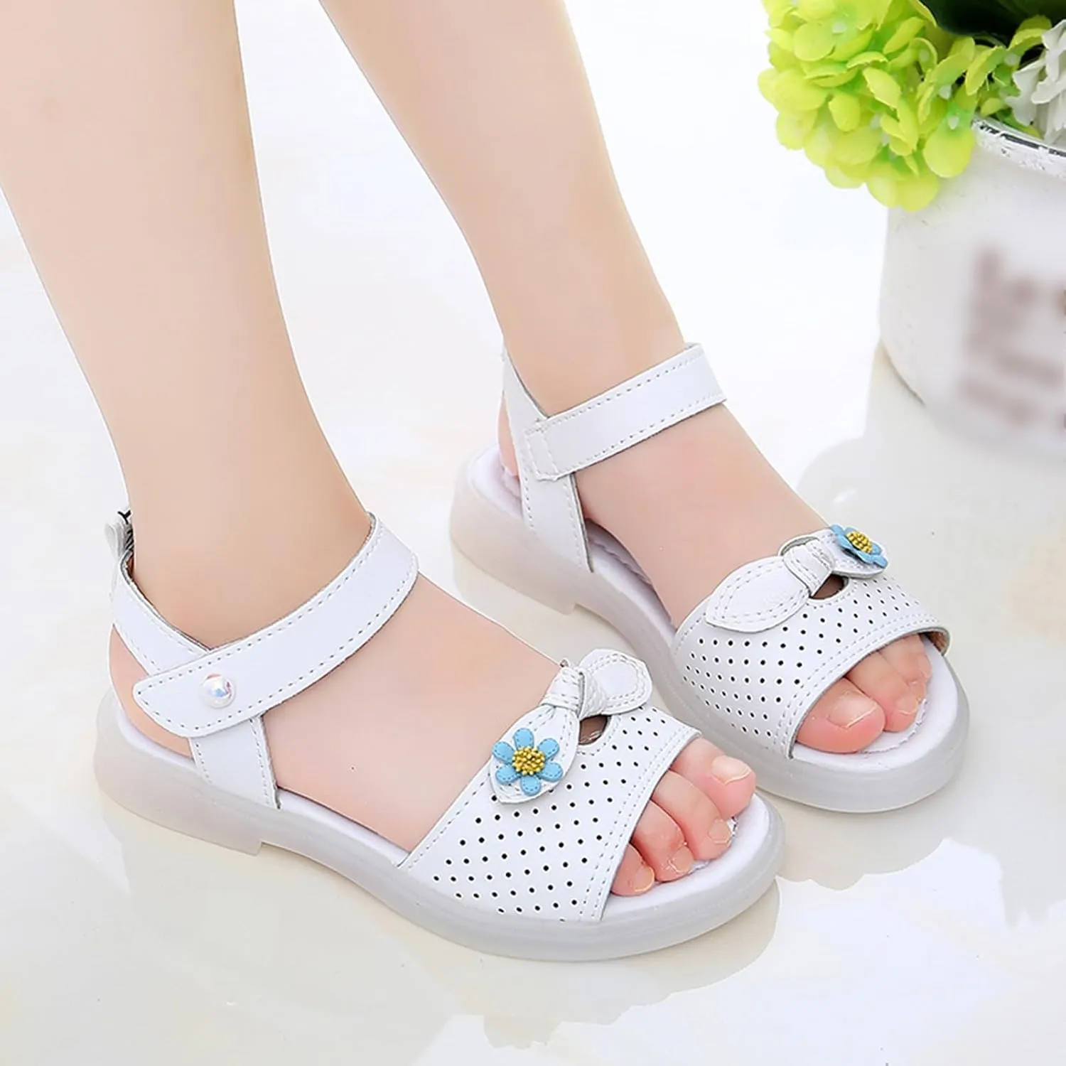 Girls Dress Sandals Kids Cute Floral Open Toe School Summer Casual Pearl Ankle Strap Princess Flat Sandal Shoes