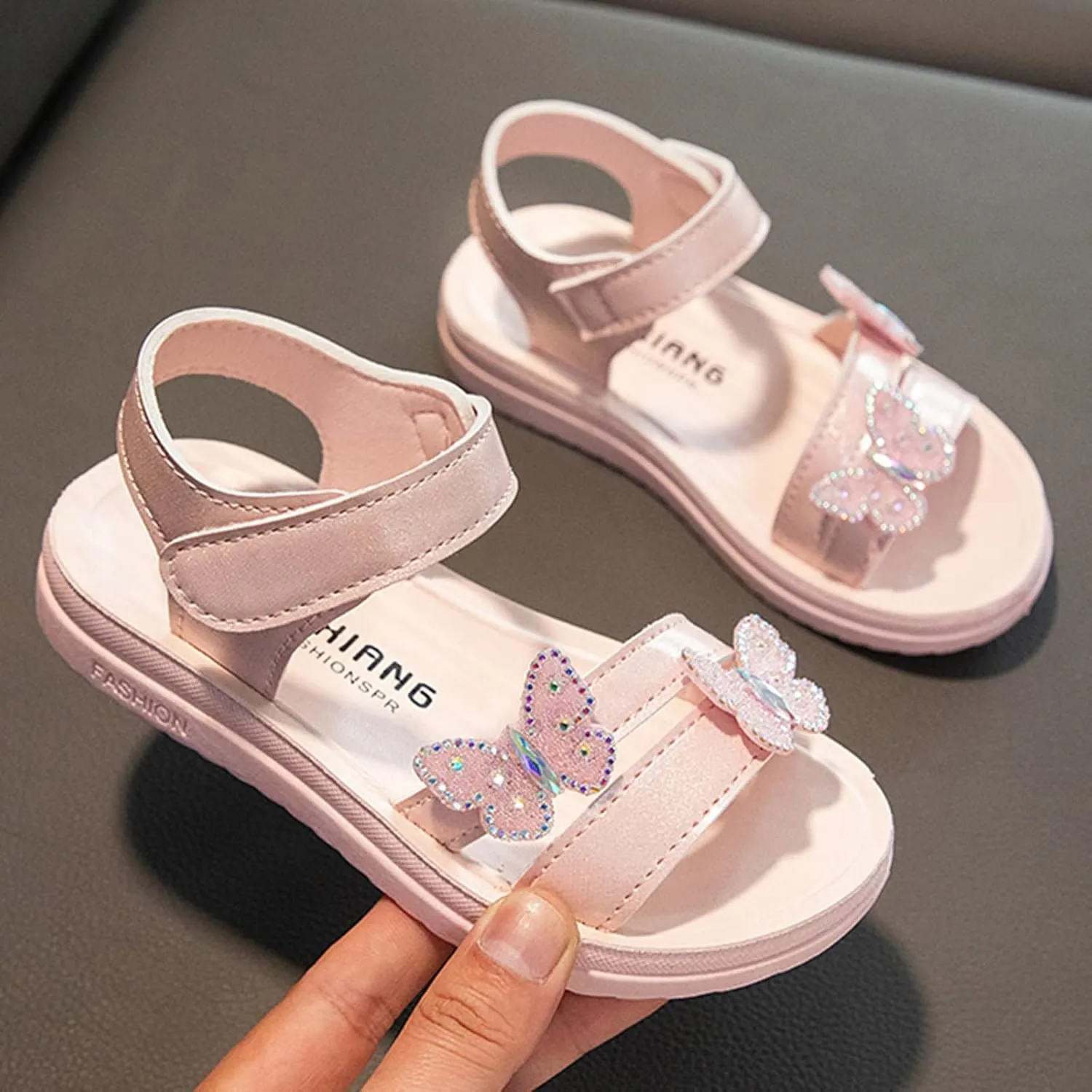 Girls Dress Sandals Kids Glitter Butterfly Princess Dress Shoes Open Toe Ankle Strap Buckle Flats Walking Sandal