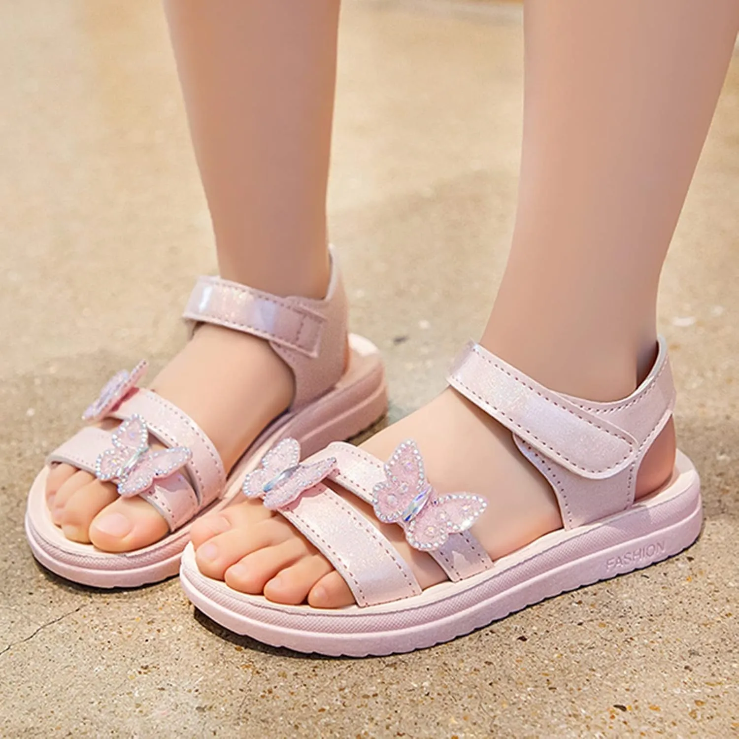 Girls Dress Sandals Kids Glitter Butterfly Princess Dress Shoes Open Toe Ankle Strap Buckle Flats Walking Sandal