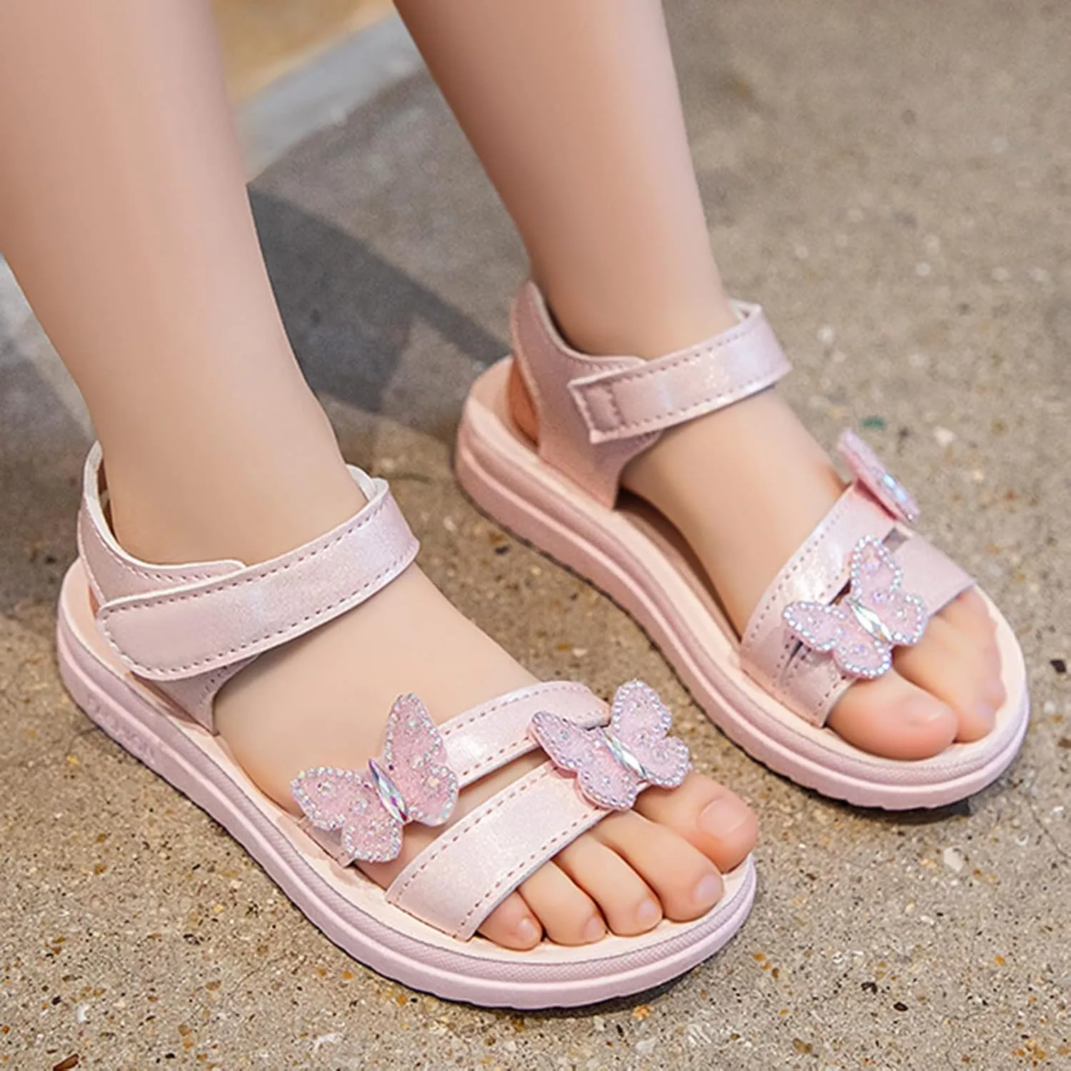 Girls Dress Sandals Kids Glitter Butterfly Princess Dress Shoes Open Toe Ankle Strap Buckle Flats Walking Sandal