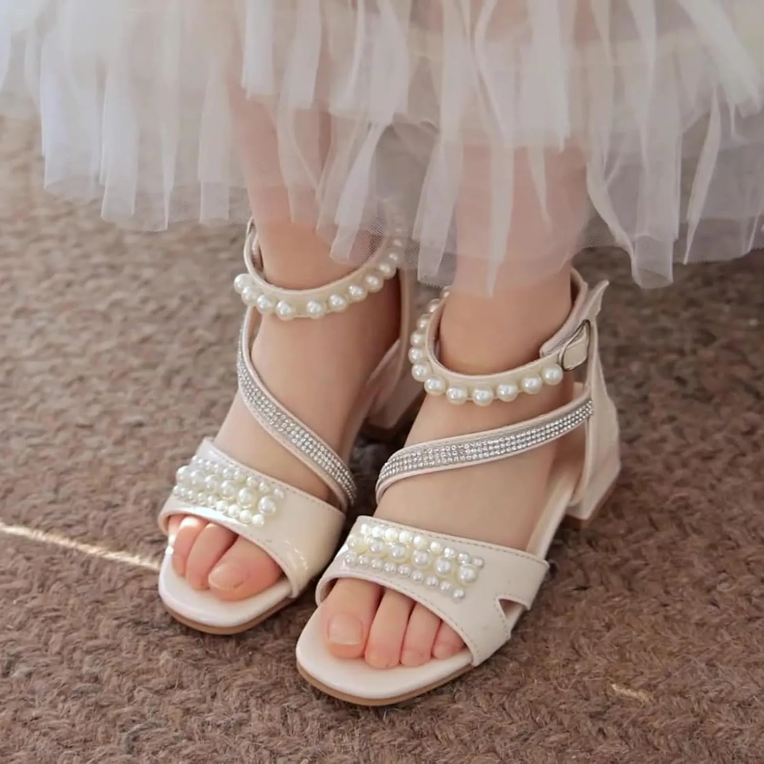 Girls Dress Sandals Kids Low Heels Open Toe Wedding Party School Summer Pearls Glitter Strap Flower Girl Shoes