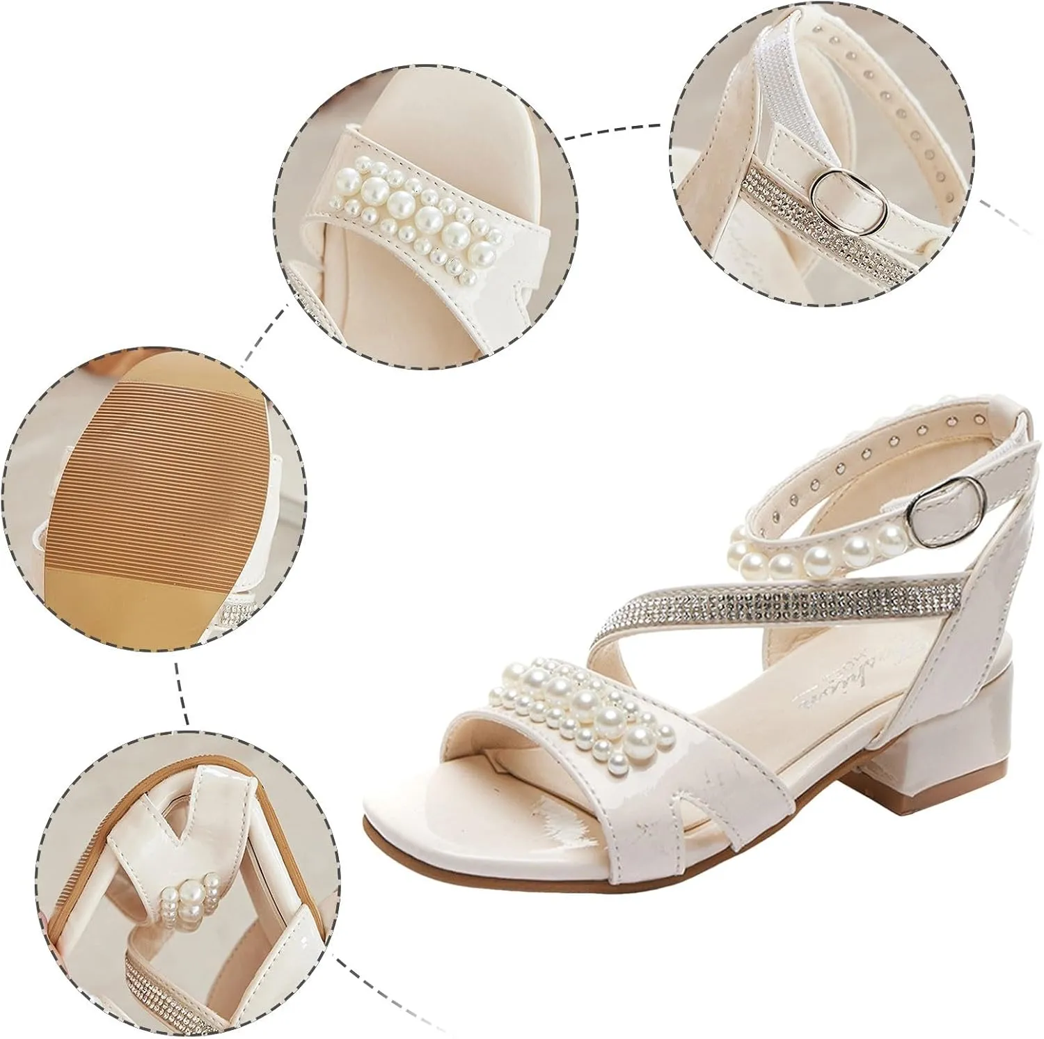 Girls Dress Sandals Kids Low Heels Open Toe Wedding Party School Summer Pearls Glitter Strap Flower Girl Shoes