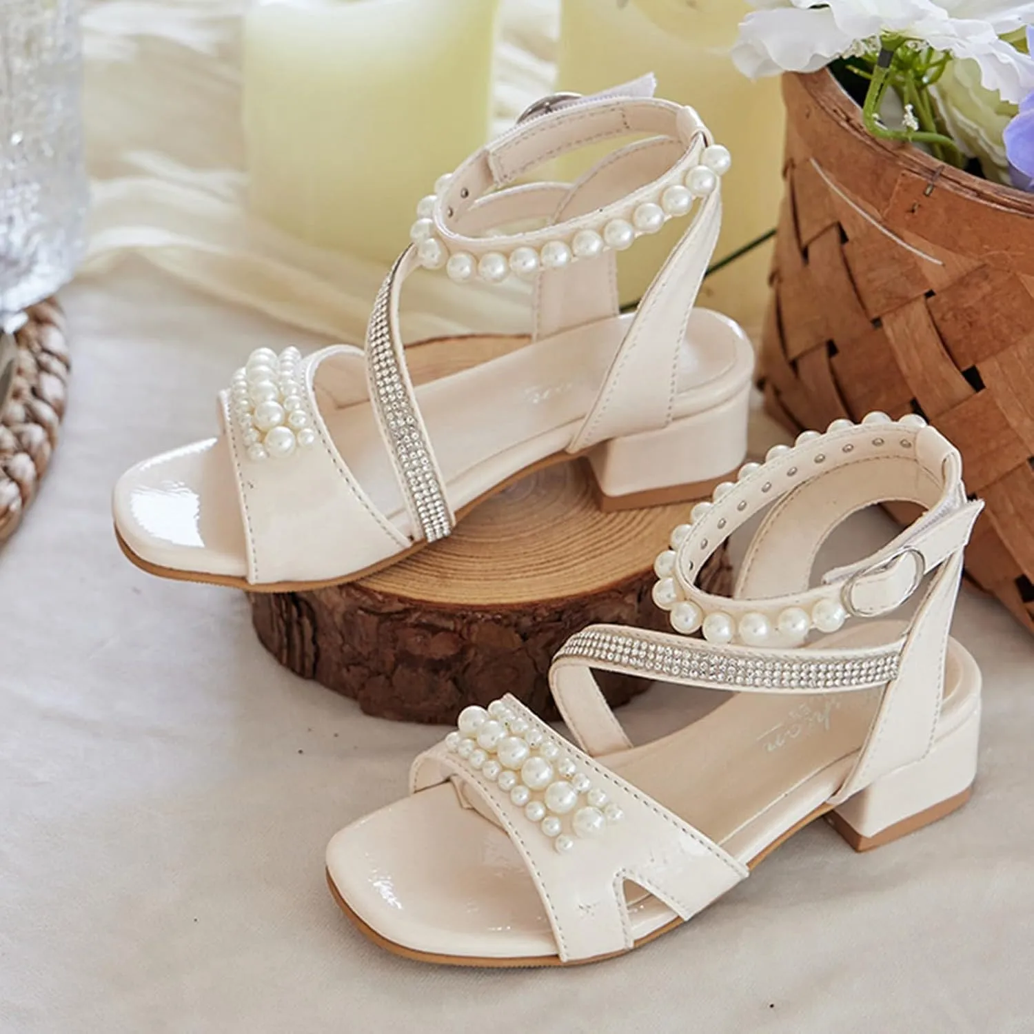 Girls Dress Sandals Kids Low Heels Open Toe Wedding Party School Summer Pearls Glitter Strap Flower Girl Shoes