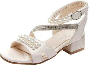 Girls Dress Sandals Kids Low Heels Open Toe Wedding Party School Summer Pearls Glitter Strap Flower Girl Shoes