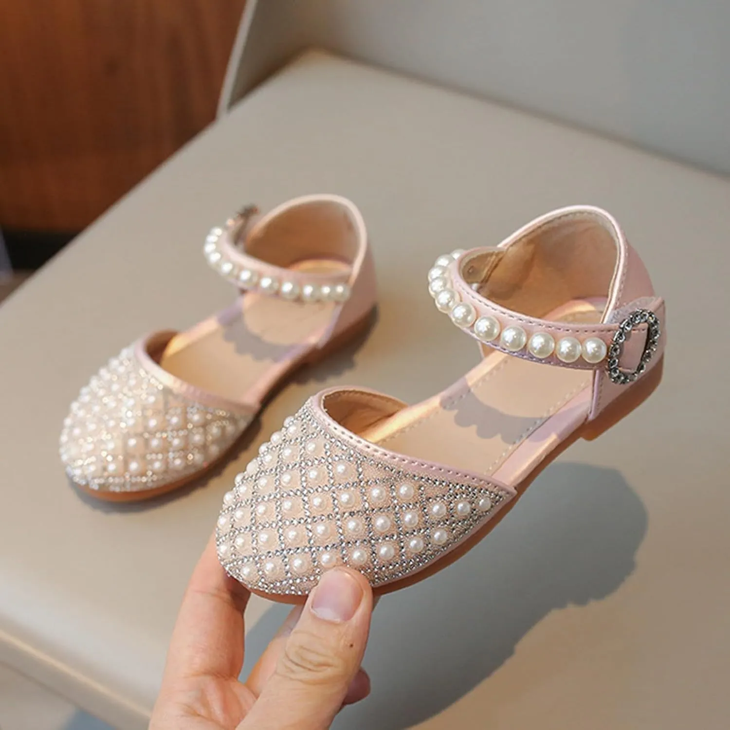 Girls Glitter Pearl Sandals Closed Toe Adjustable Straps Sandals Kids Mary Jane Princess Shoes Dress up Wedding Outdoor