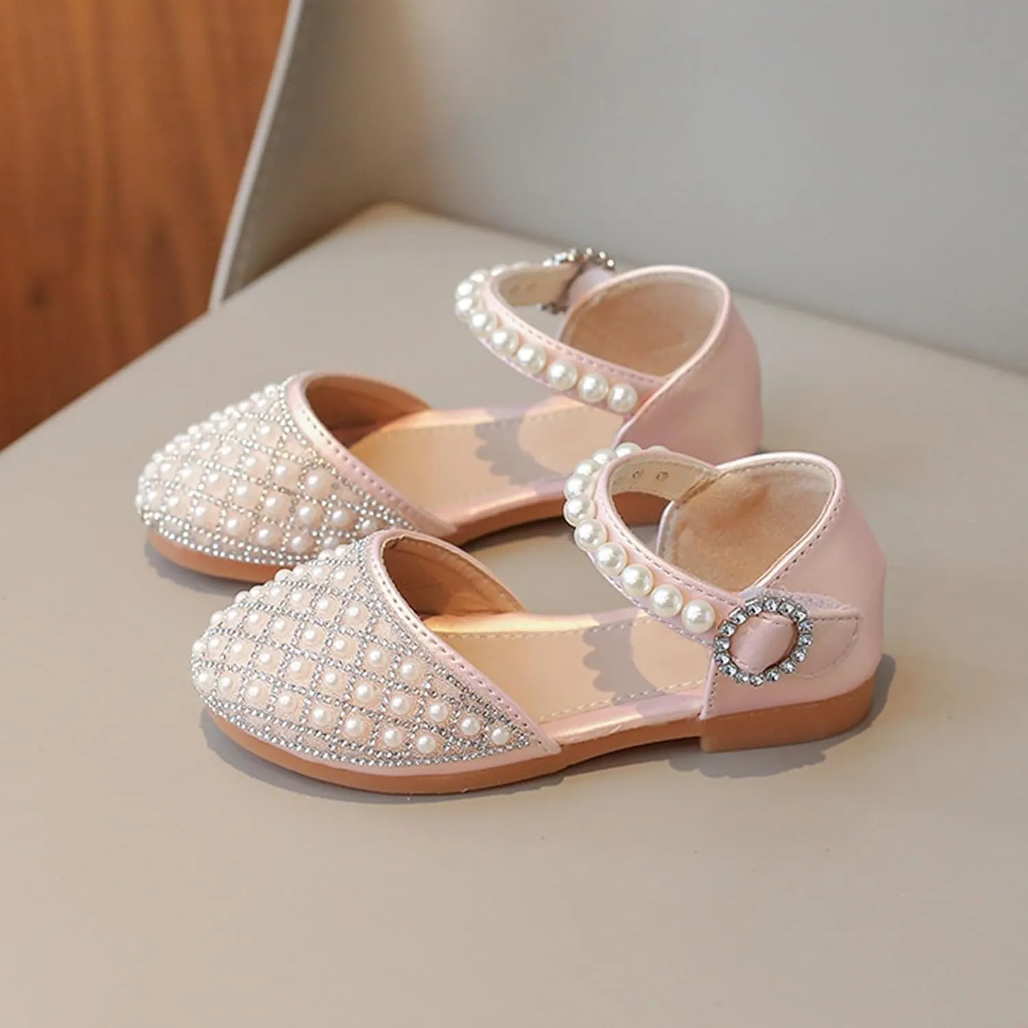 Girls Glitter Pearl Sandals Closed Toe Adjustable Straps Sandals Kids Mary Jane Princess Shoes Dress up Wedding Outdoor