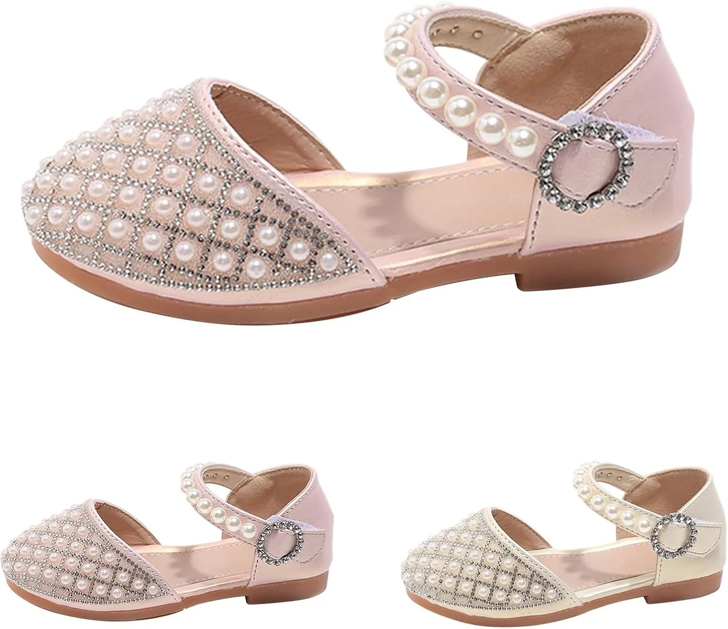 Girls Glitter Pearl Sandals Closed Toe Adjustable Straps Sandals Kids Mary Jane Princess Shoes Dress up Wedding Outdoor