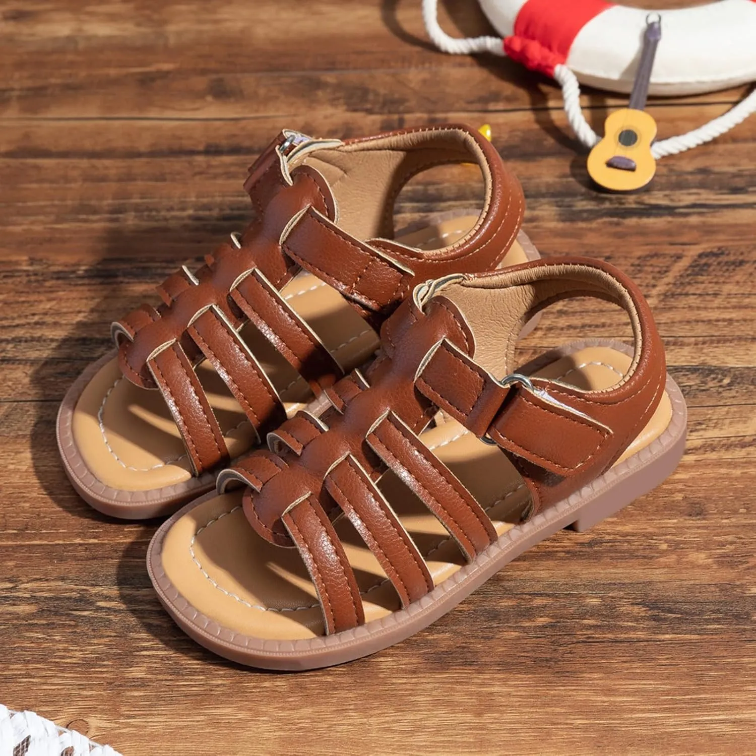 Girls Leather Sandals Open Toe Rubber Non Slip Adjusted Strap School Shoes Kids Soft Sole Beach Casual Sandals