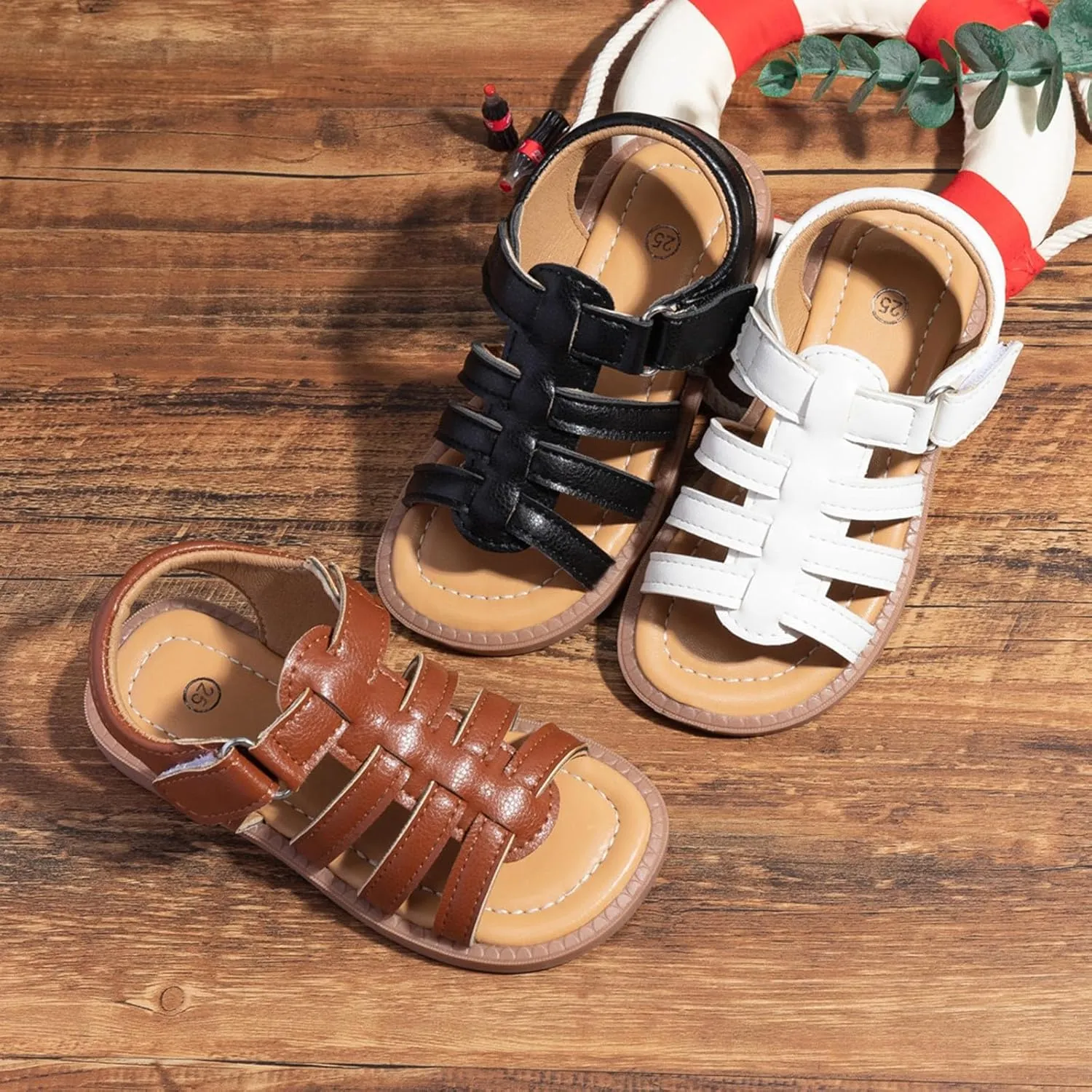 Girls Leather Sandals Open Toe Rubber Non Slip Adjusted Strap School Shoes Kids Soft Sole Beach Casual Sandals