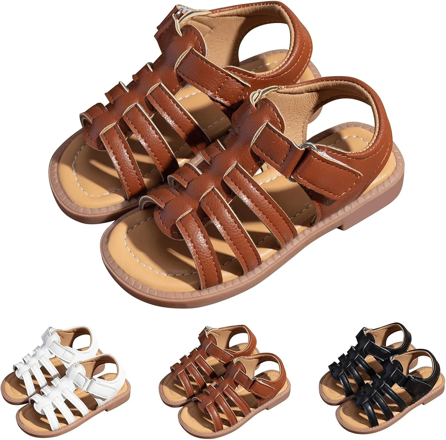 Girls Leather Sandals Open Toe Rubber Non Slip Adjusted Strap School Shoes Kids Soft Sole Beach Casual Sandals