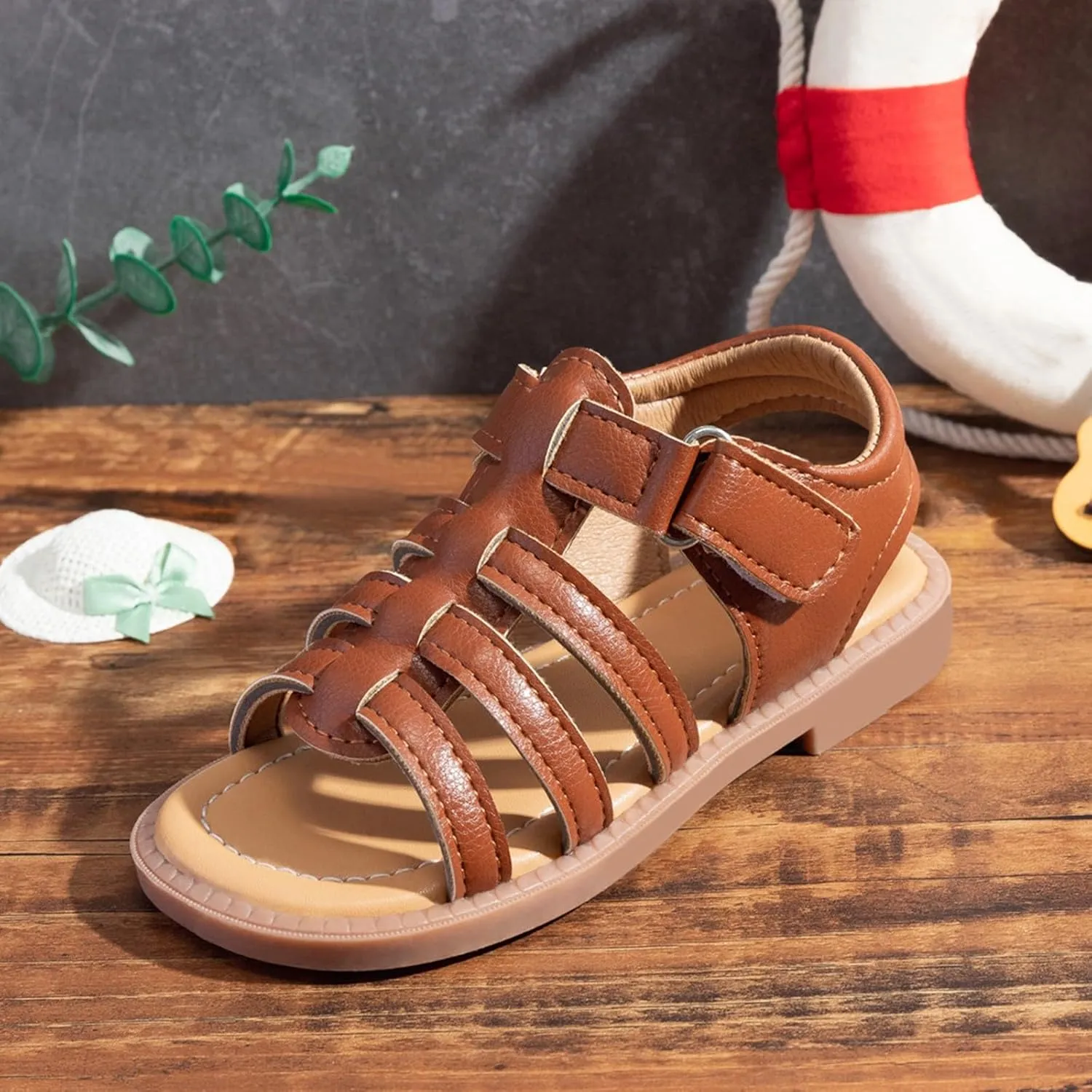 Girls Leather Sandals Open Toe Rubber Non Slip Adjusted Strap School Shoes Kids Soft Sole Beach Casual Sandals