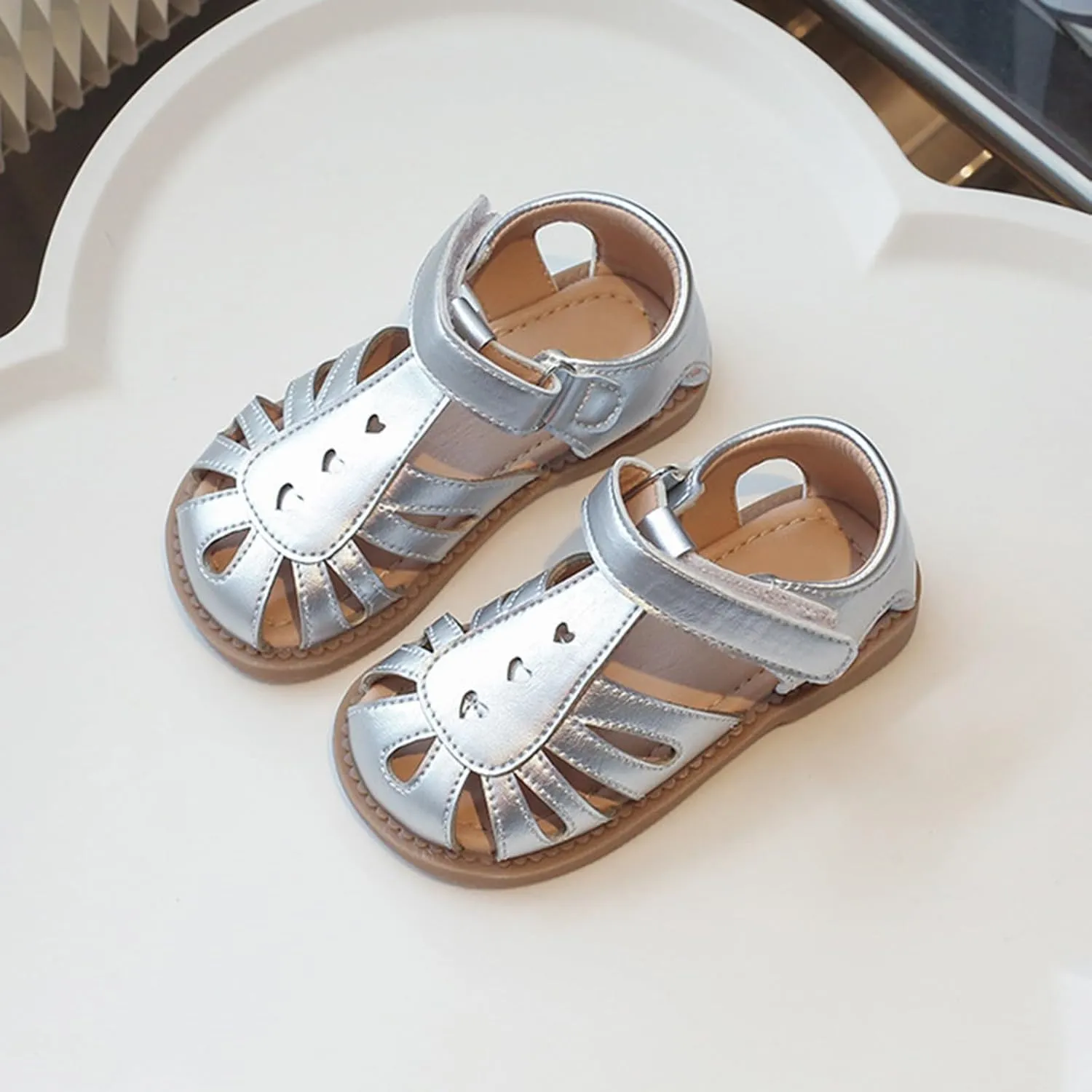 Girls Leather Sandals Open Toe Sole Rubber Non Slip Adjusted Strap School Shoes Kids Summer Beach Casual Sandals
