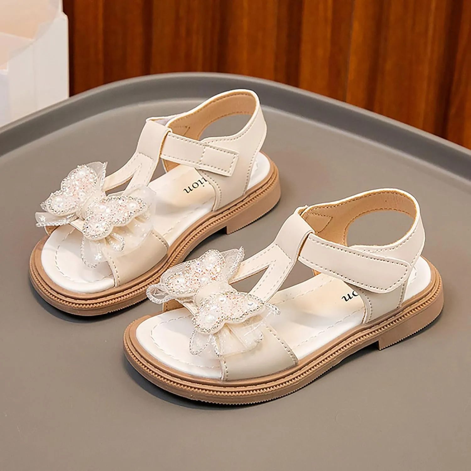 Girls Sandals for Kids Toddler Trendy Rhinestone Pearl Butterfly Open Toe Dress Shoes Wedding Summer Casual Sandals