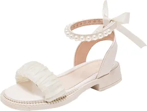 Girls Sandals Kids Pearls Princess Dress Shoes Open Toe Bowknot Ankle Strap Buckle Flats Slip On Walking Sandal