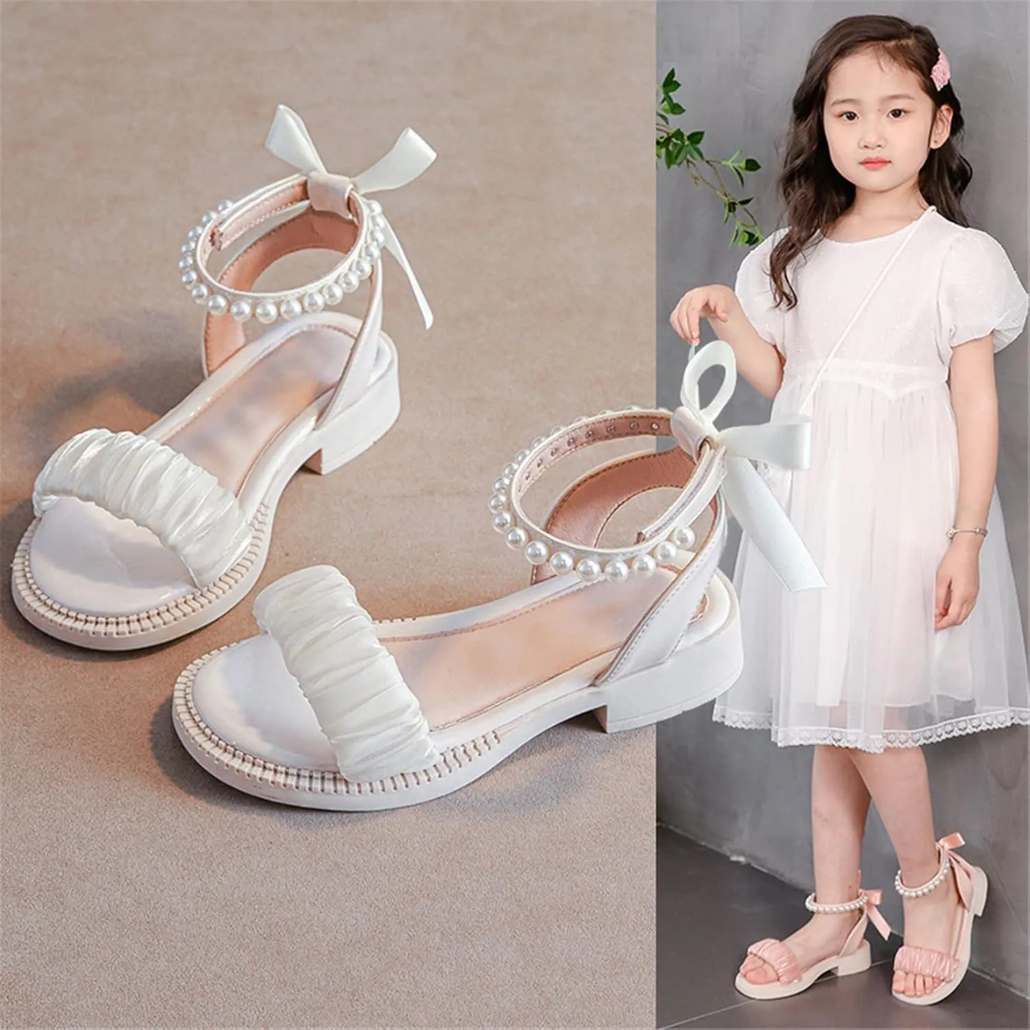 Girls Sandals Kids Pearls Princess Dress Shoes Open Toe Bowknot Ankle Strap Buckle Flats Slip On Walking Sandal