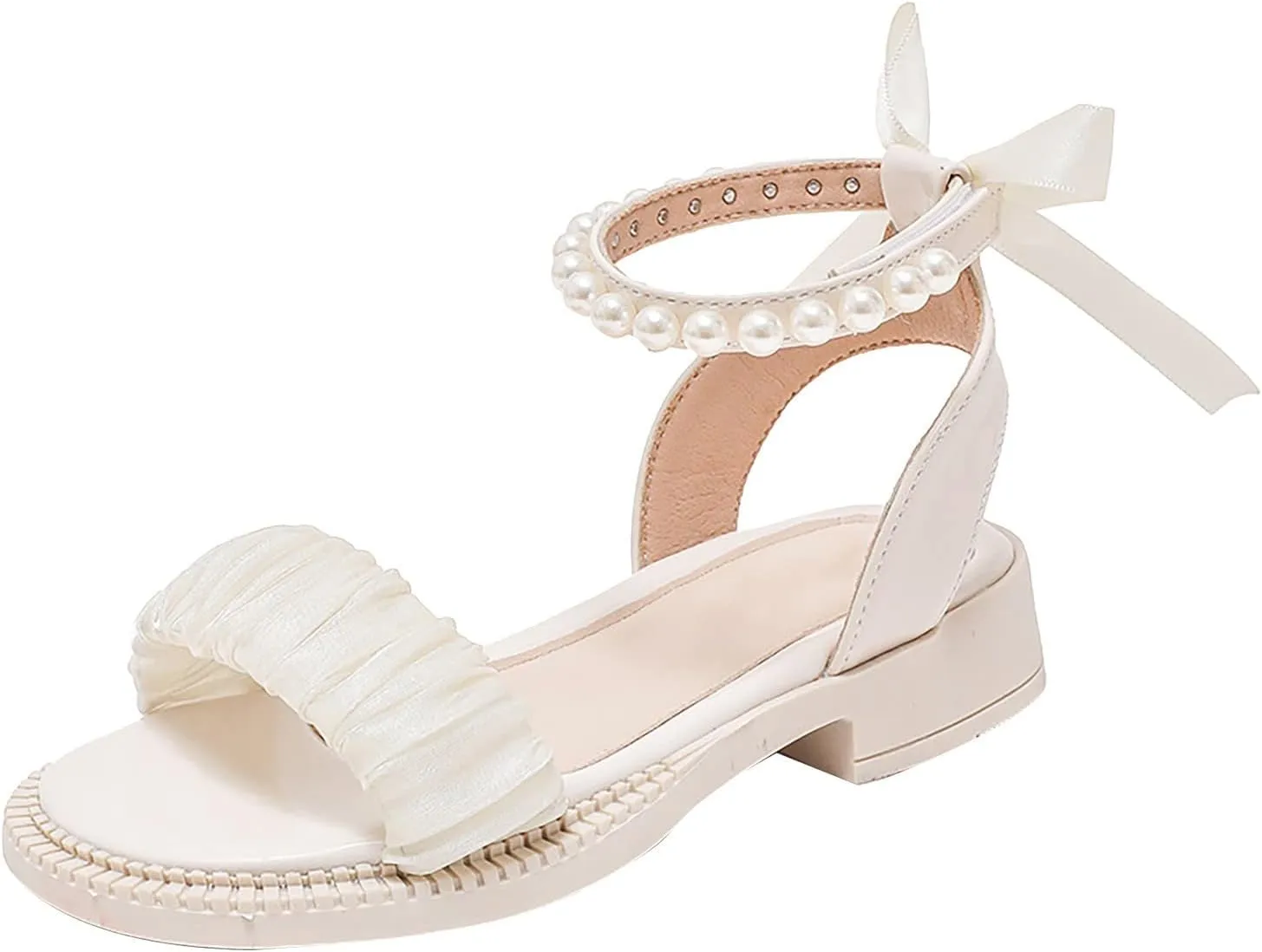 Girls Sandals Kids Pearls Princess Dress Shoes Open Toe Bowknot Ankle Strap Buckle Flats Slip On Walking Sandal