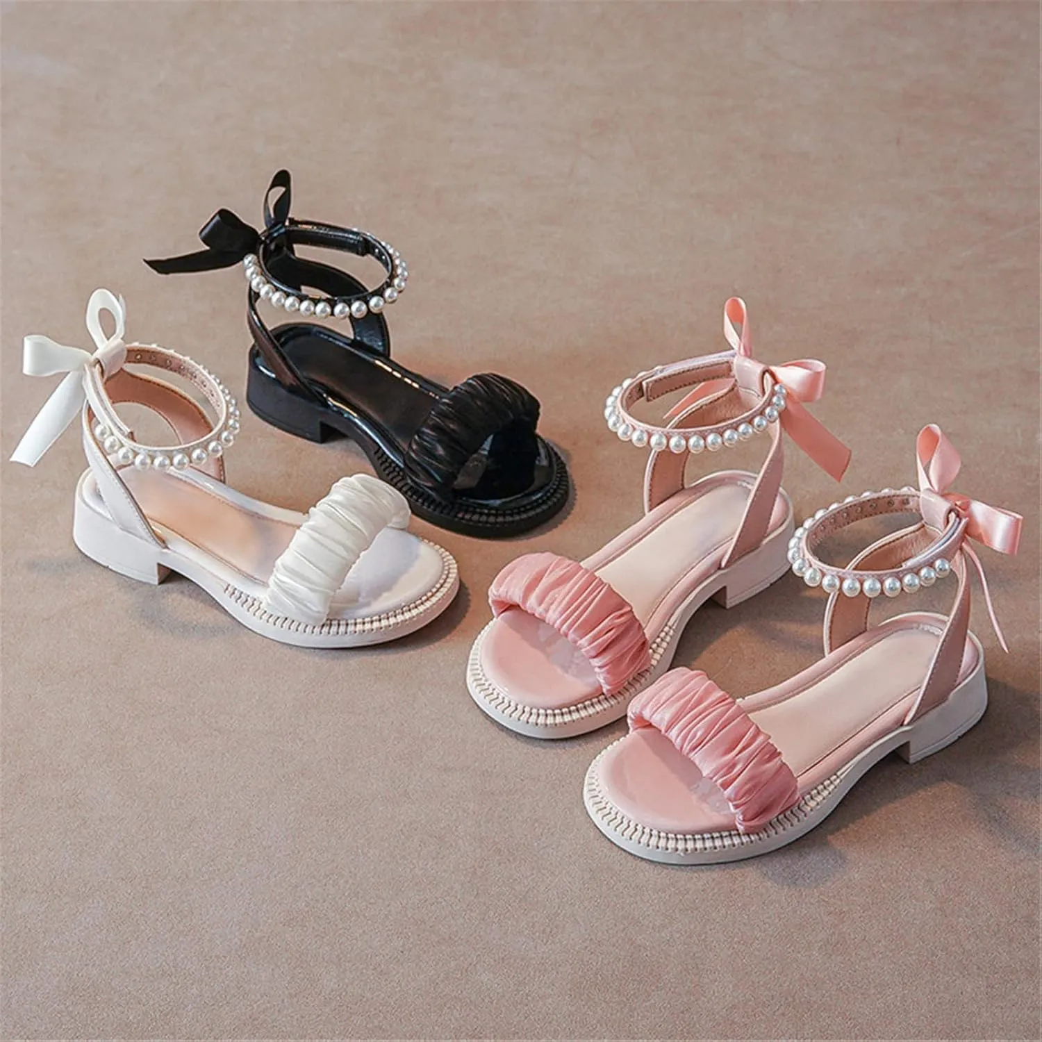 Girls Sandals Kids Pearls Princess Dress Shoes Open Toe Bowknot Ankle Strap Buckle Flats Slip On Walking Sandal