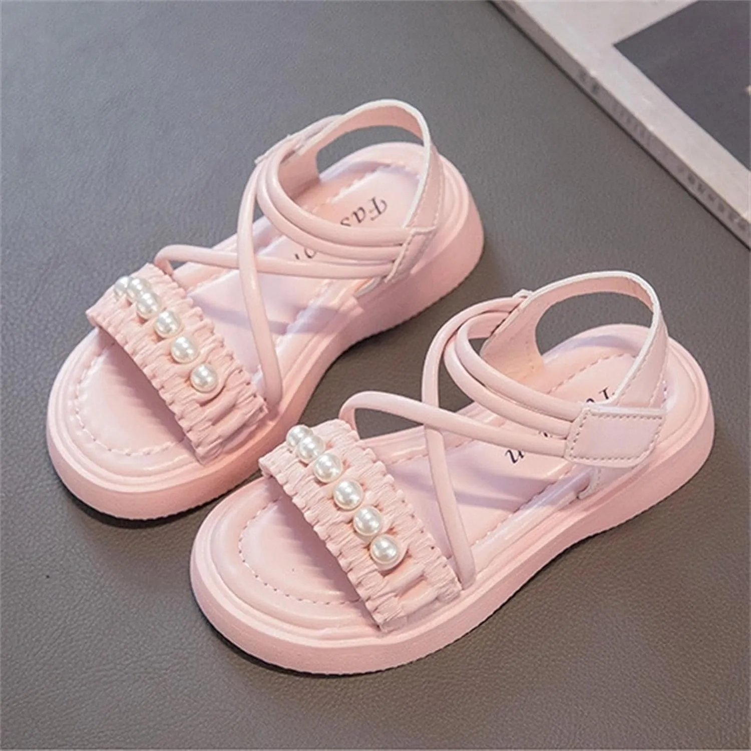 Girls Sandals Kids Pearls Princess Dress Shoes Open Toe Crossover Ankle Strap Buckle Flats Summer Walking Sandal