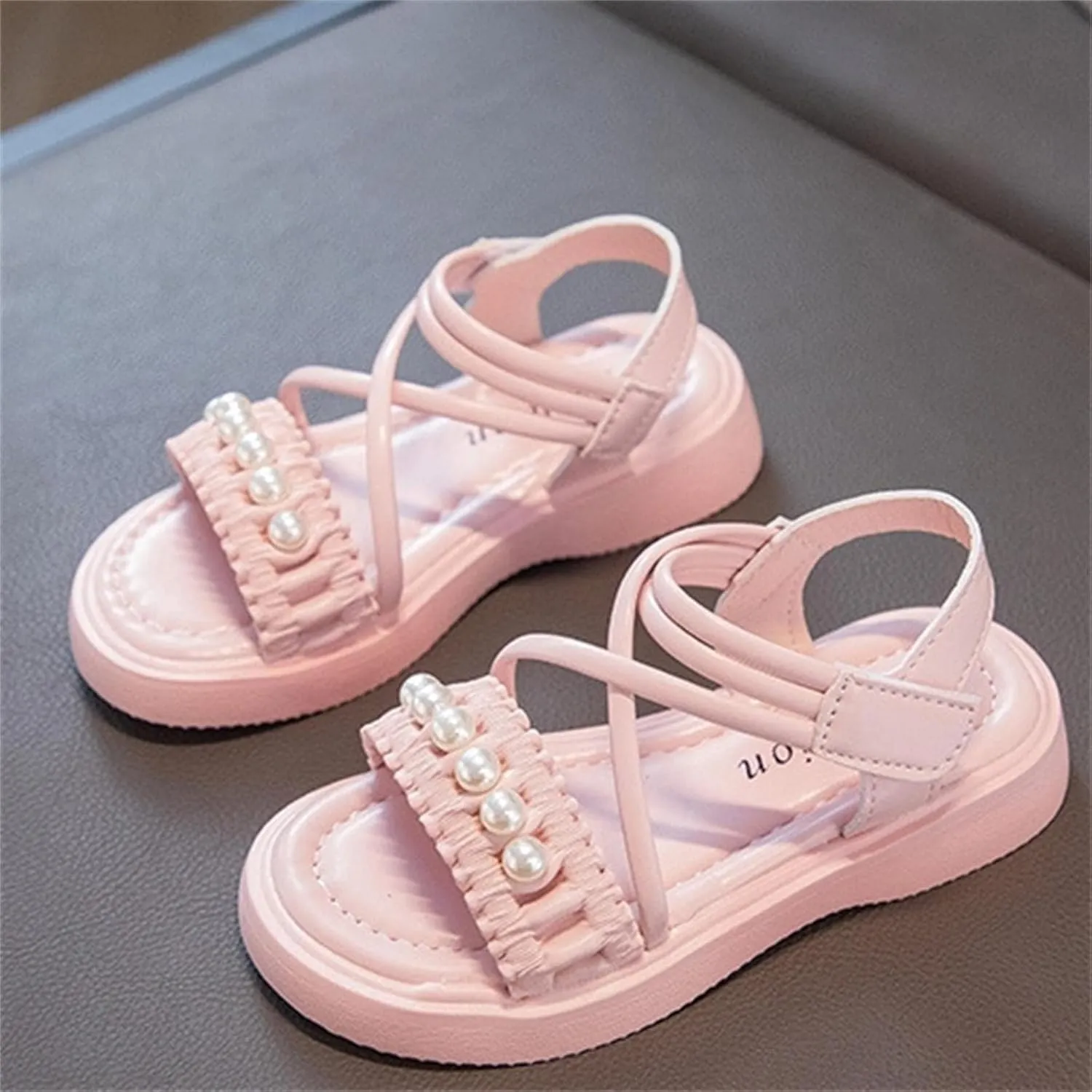 Girls Sandals Kids Pearls Princess Dress Shoes Open Toe Crossover Ankle Strap Buckle Flats Summer Walking Sandal