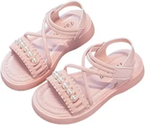 Girls Sandals Kids Pearls Princess Dress Shoes Open Toe Crossover Ankle Strap Buckle Flats Summer Walking Sandal