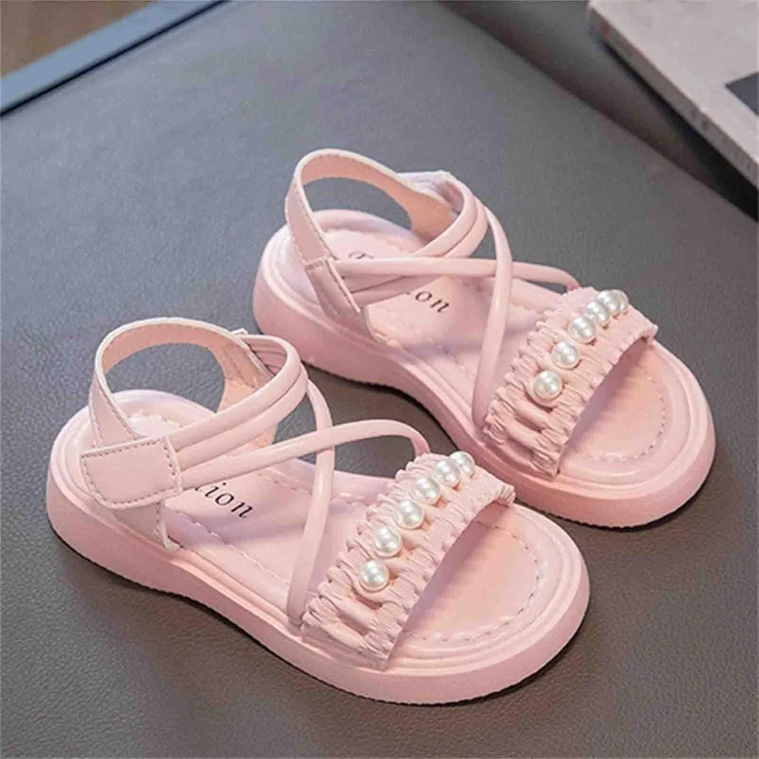 Girls Sandals Kids Pearls Princess Dress Shoes Open Toe Crossover Ankle Strap Buckle Flats Summer Walking Sandal