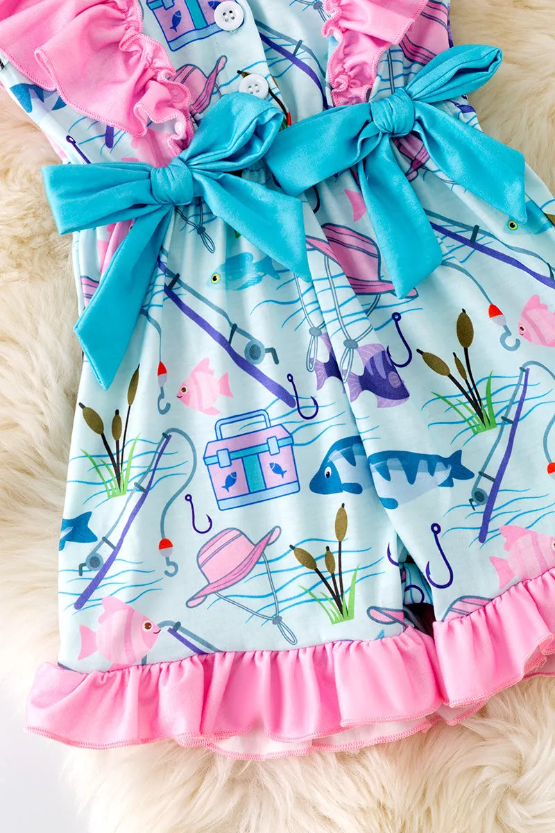 Gone fishing-light blue fish printed romper with ruffle hem. PNG50148 SOL