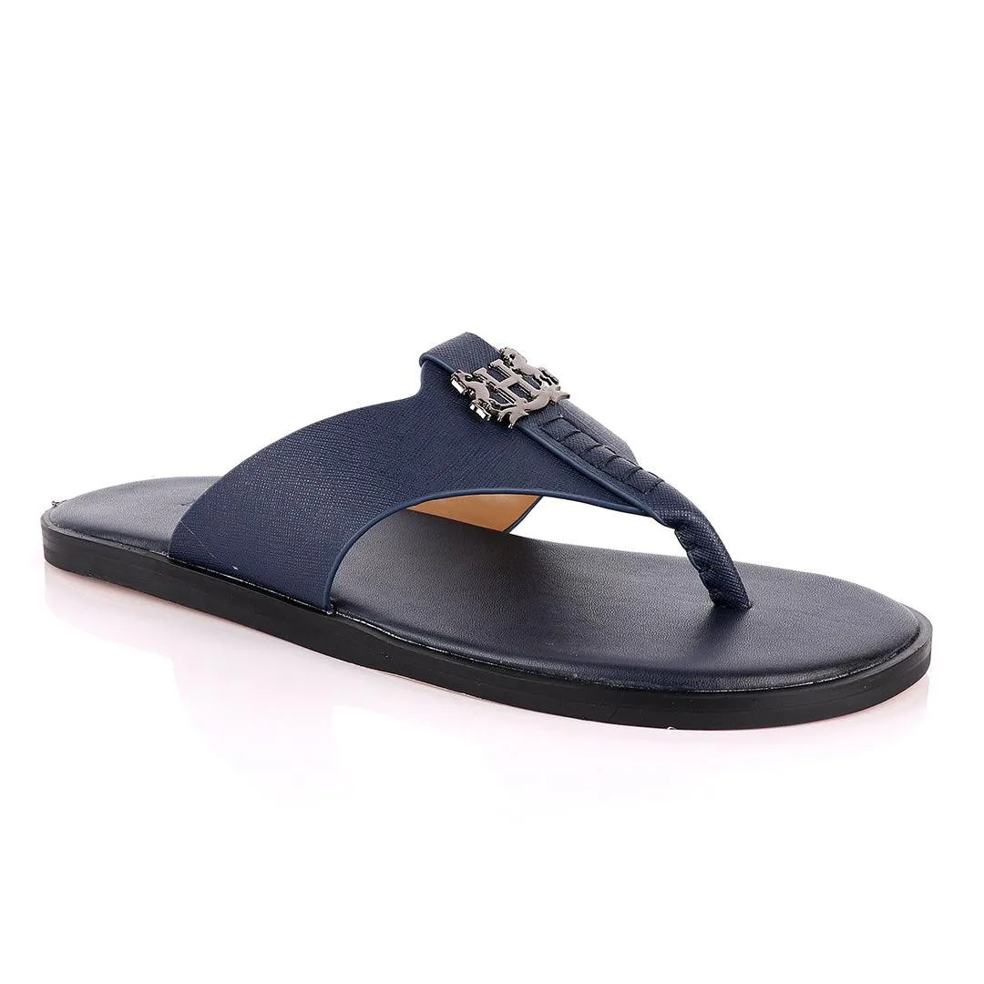 Hermes Paris With Logo Blue Leather Slippers