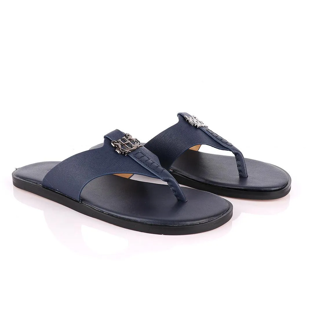 Hermes Paris With Logo Blue Leather Slippers