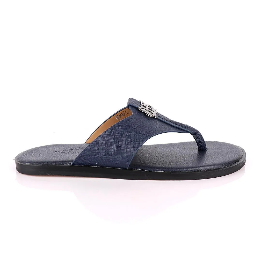 Hermes Paris With Logo Blue Leather Slippers