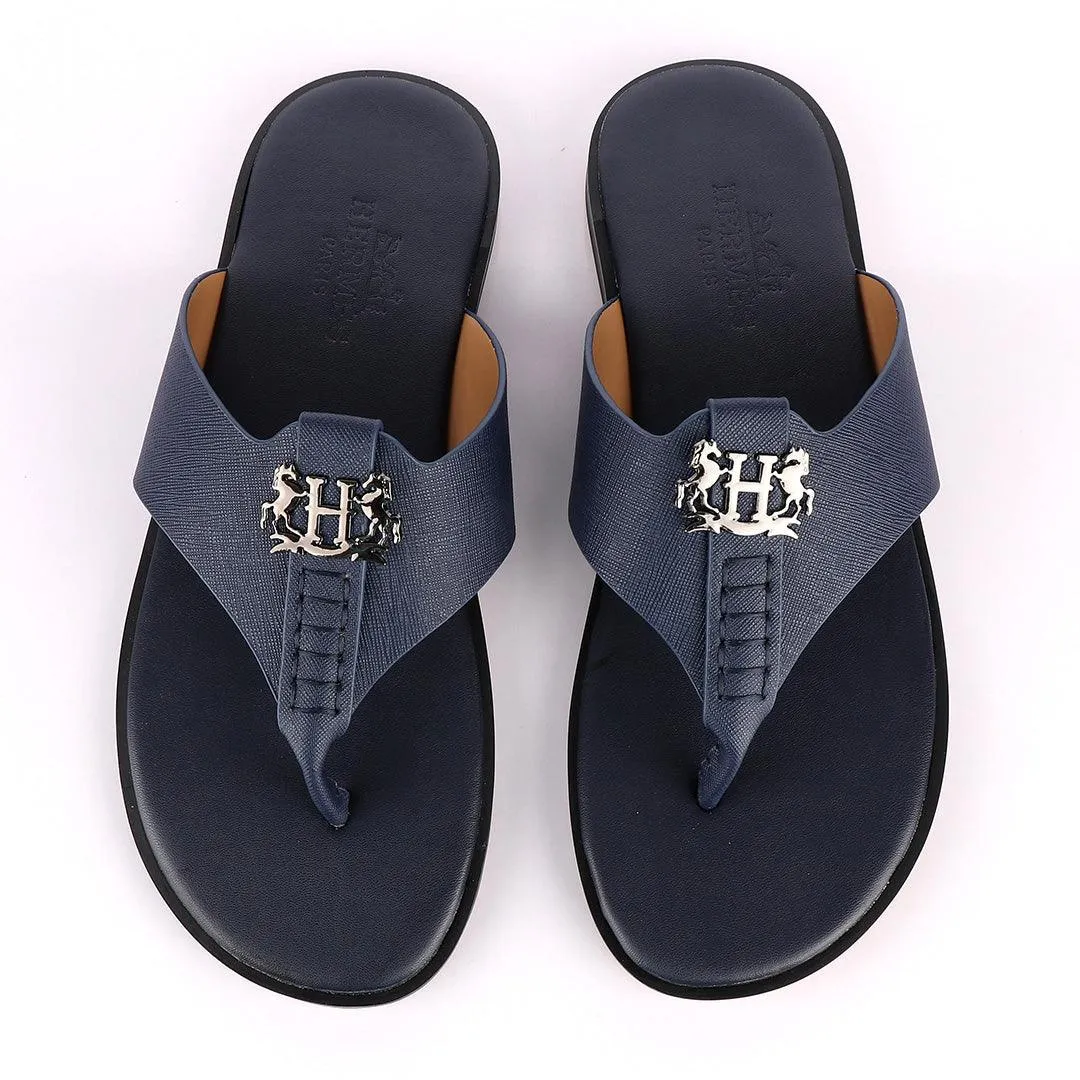 Hermes Paris With Logo Blue Leather Slippers